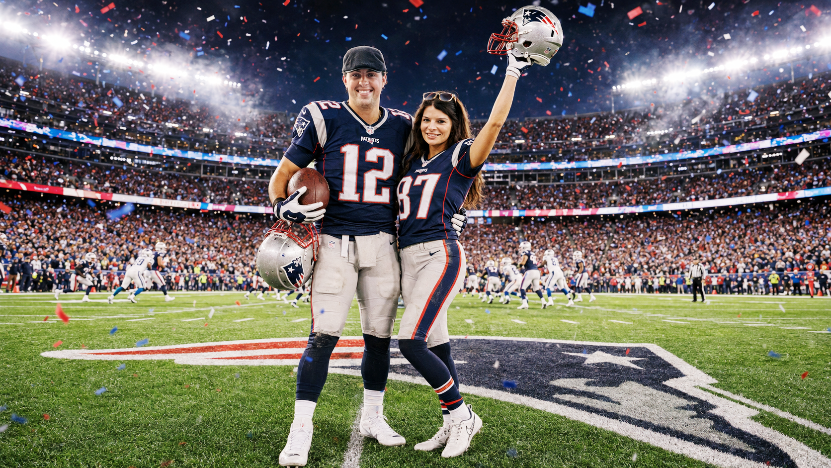 Same couple on Patriots field — AI photo booth result