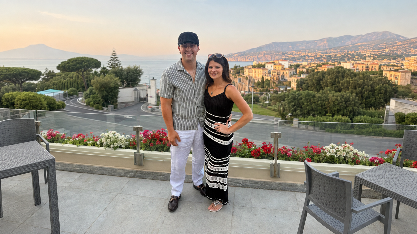 Couple on Mediterranean terrace — before AI photo booth